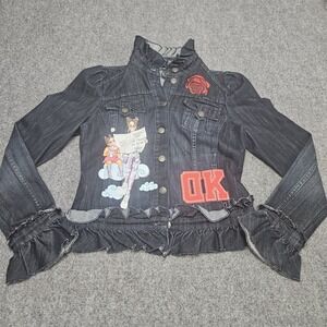Statement Denim Jacket Womens S Black Painted Graphic Upcycled Streetwear